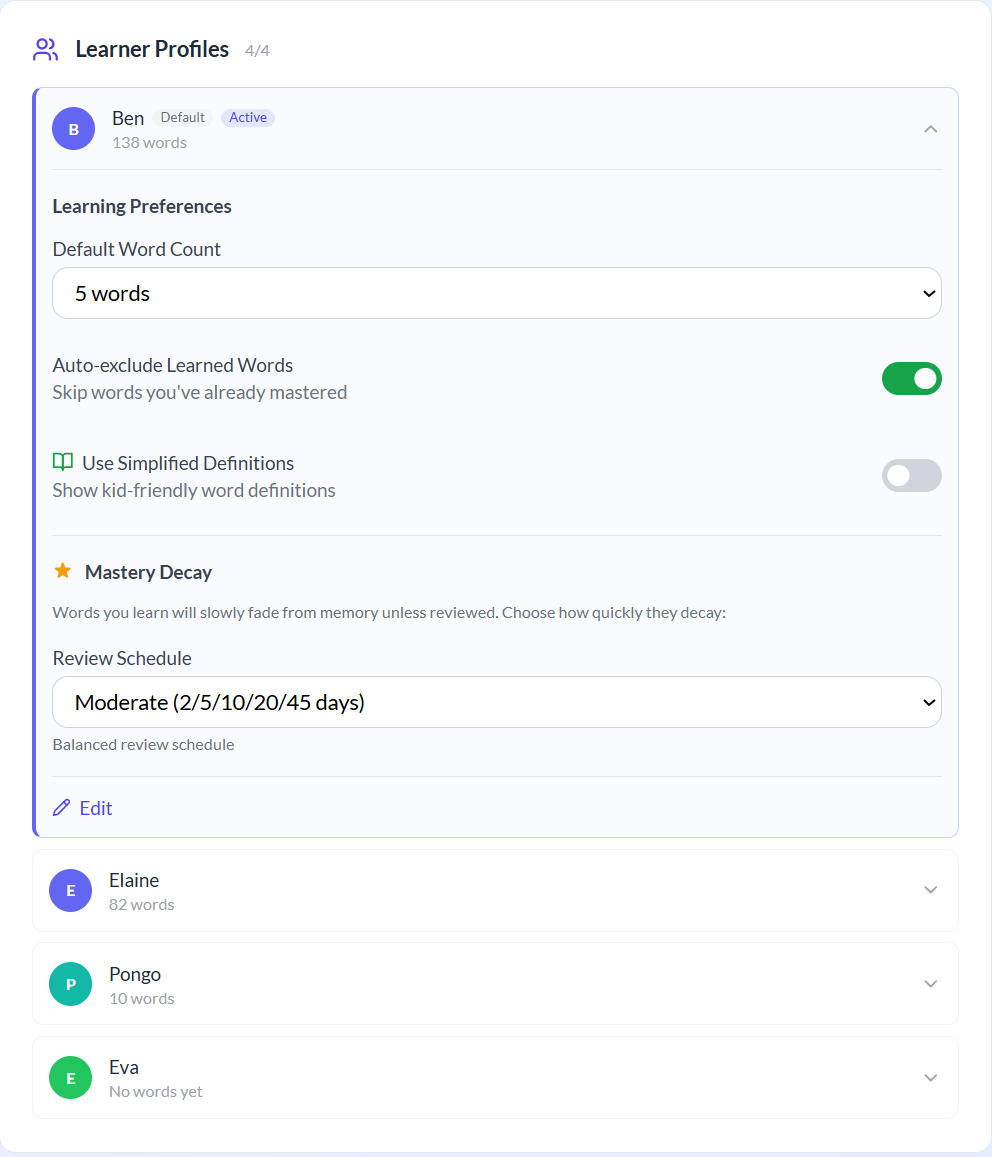 The Learner Profiles settings screen showing a default profile 'Ben' with word count, auto-exclude learned, kid-friendly definitions, and mastery decay options, plus three other profiles (Elaine, Pongo, Eva) listed below.