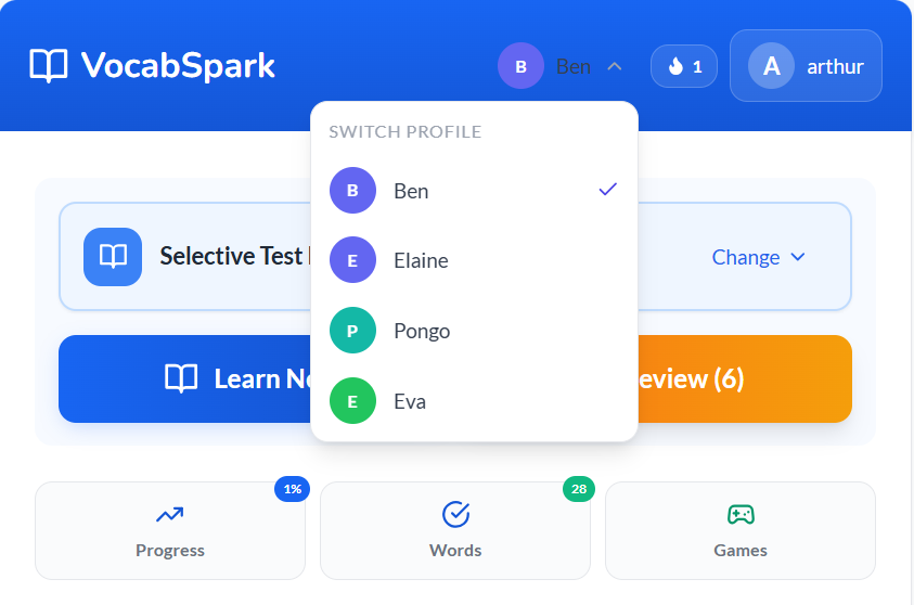 The VocabSpark app header with the 'Ben' profile expanded to a dropdown showing 'SWITCH PROFILE' with four options: Ben (checked), Elaine, Pongo, and Eva.