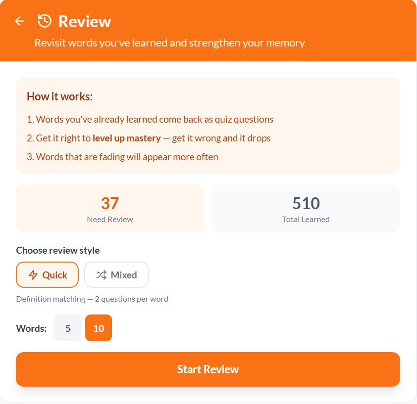 The VocabSpark Review screen showing '37 Need Review' and '510 Total Learned', with Quick and Mixed review style options.