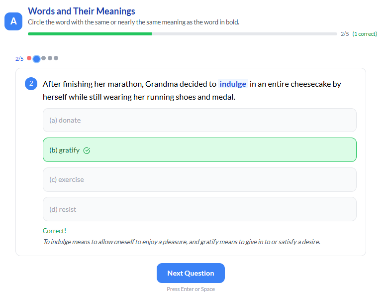 Lesson Section A 'Words and Their Meanings': a multiple-choice question asking which synonym matches 'indulge' in the sentence about Grandma and the cheesecake.